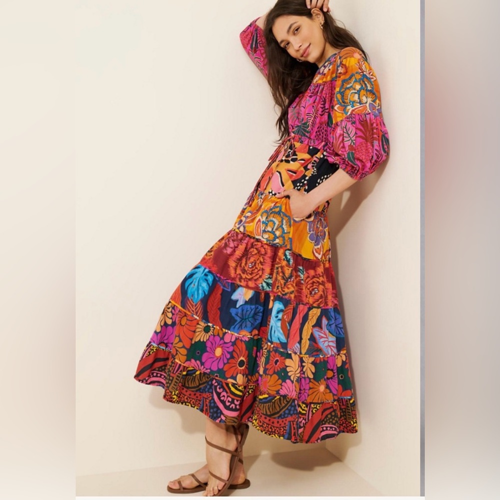 FARM Rio Multicolor Floral Patchwork Maxi Dress - Pink, Orange, Blue
